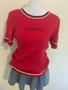 Tommy Hilfiger Red Ribbed Short Sleeve Top with Contrast Striped Trim ♥️